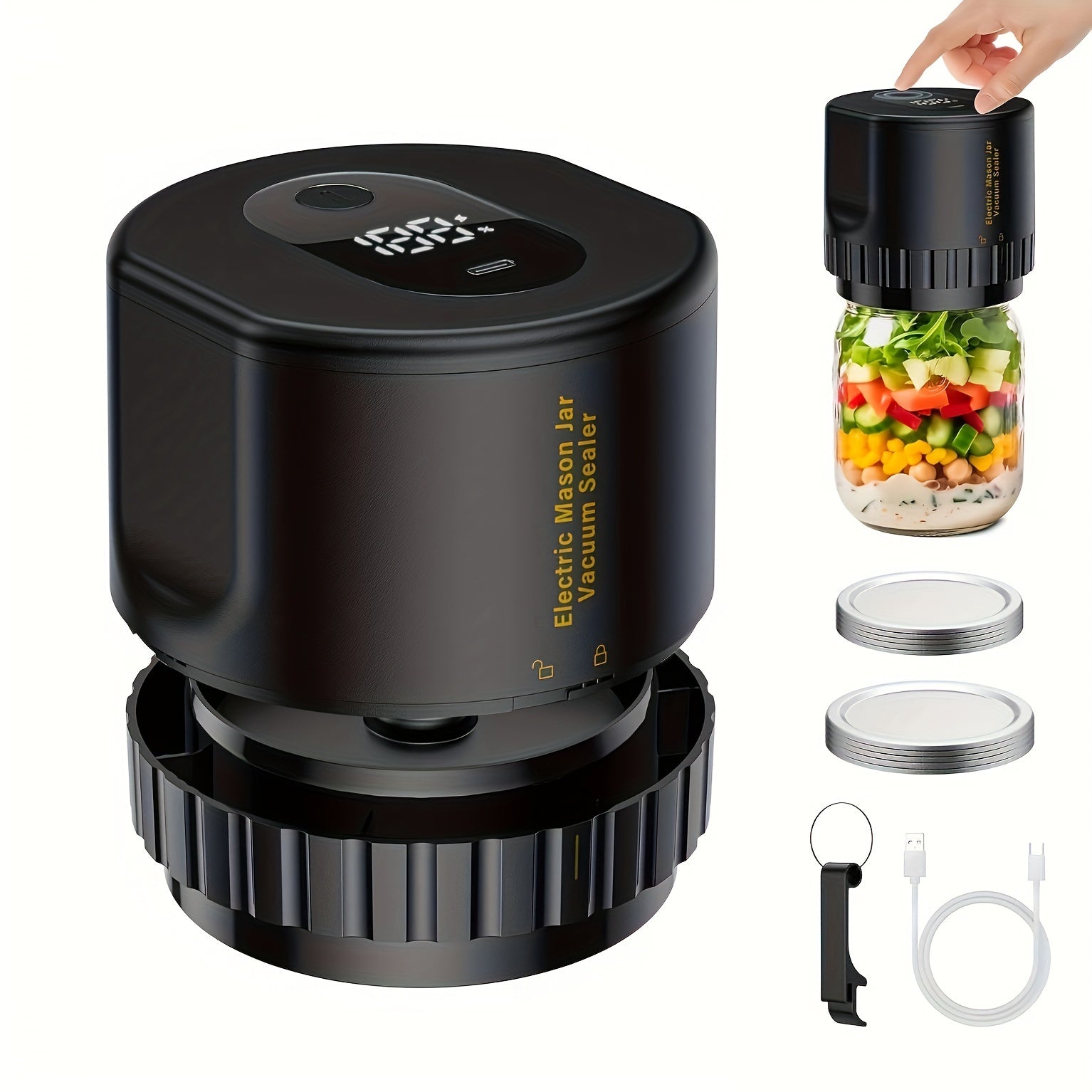 Cordless USB Rechargeable Electric Mason Jar Vacuum Sealer Set with 10 Lids