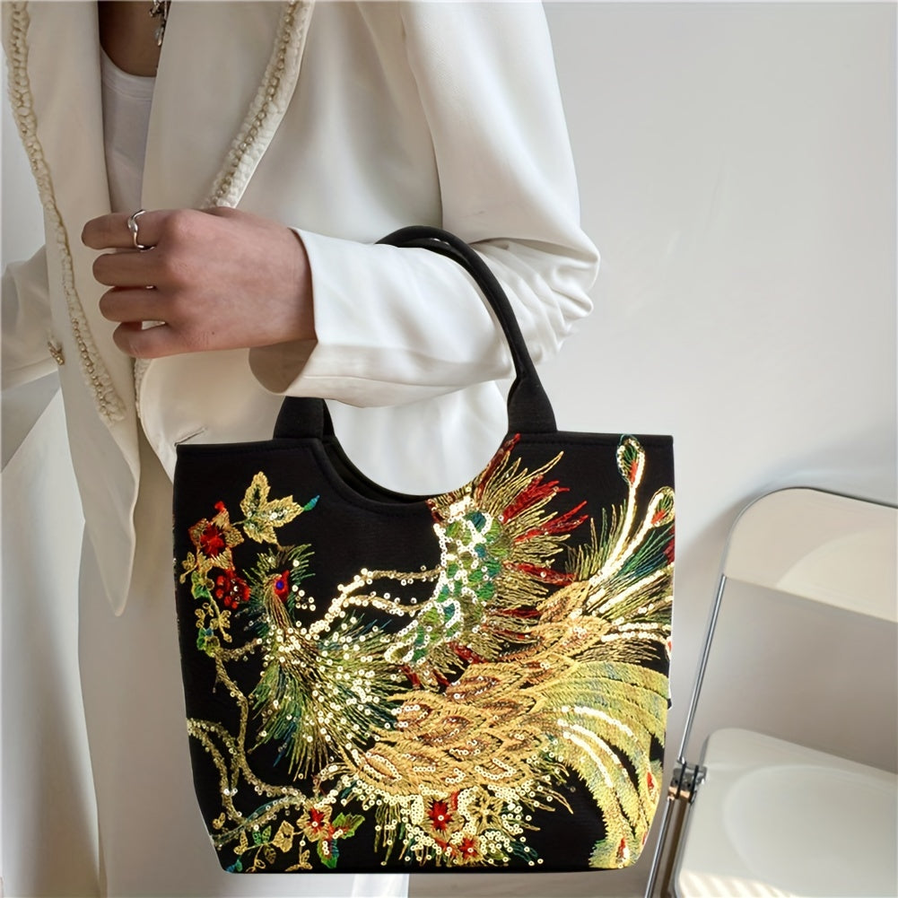 Embroidered Canvas Satchel Bag for Women with Double Handles and Removable Strap in Animal Print
