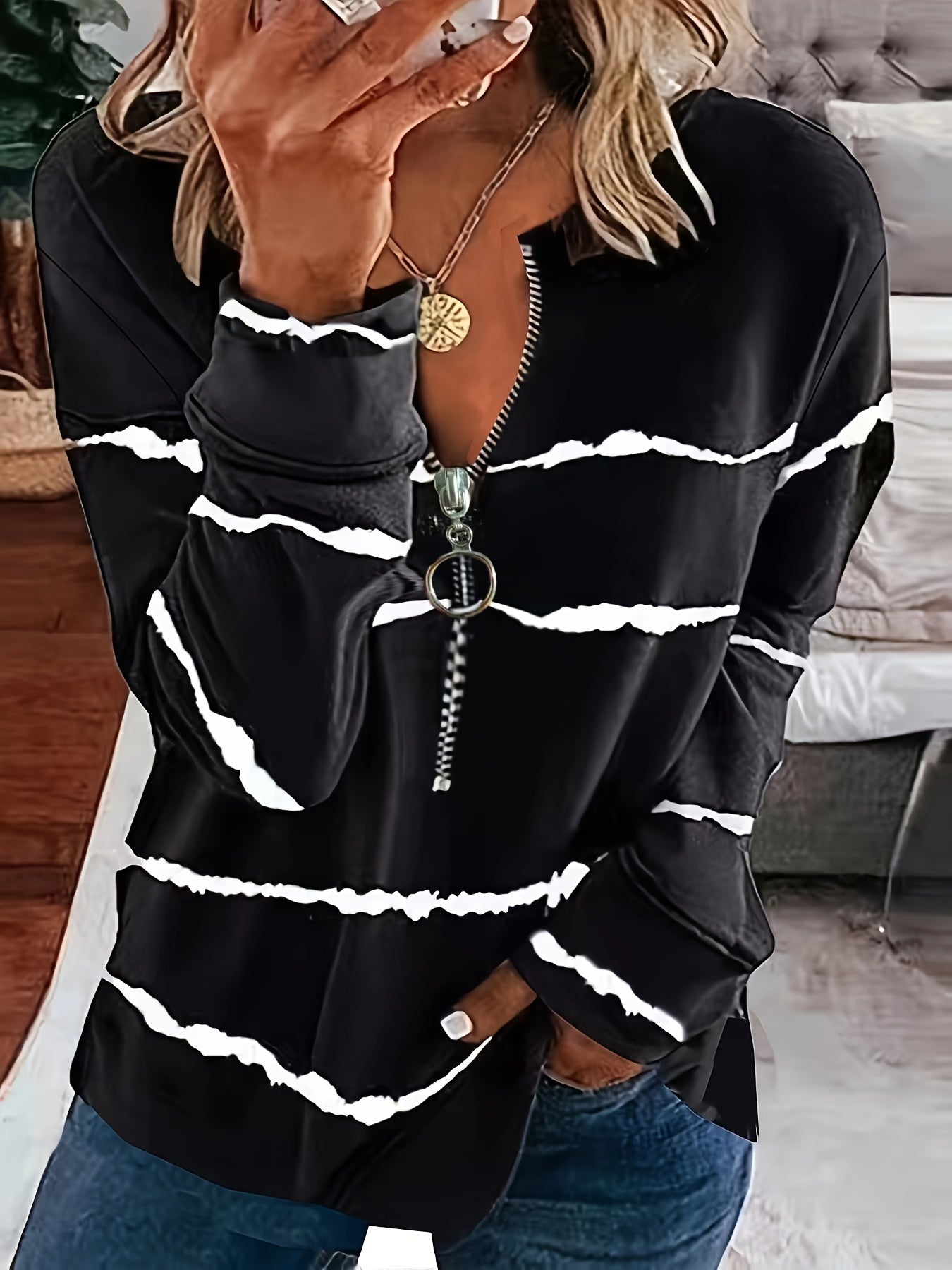 Sudadera de manga larga con bloques de color a rayas para mujer talla grande