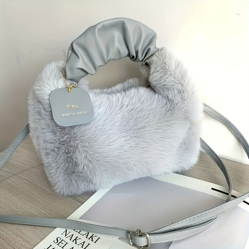 Faux Fur Crossbody Bag for Women Plush Zipper Closure Solid Color Autumn Winter