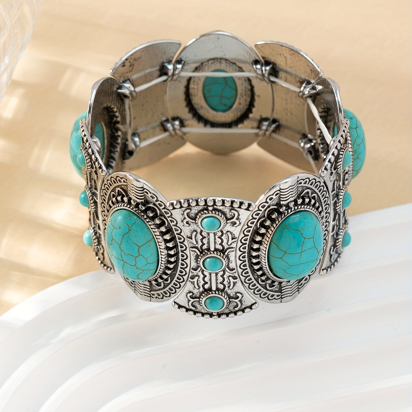 Turquoise Elastic Bracelet with Ethnic Design for Women and Men