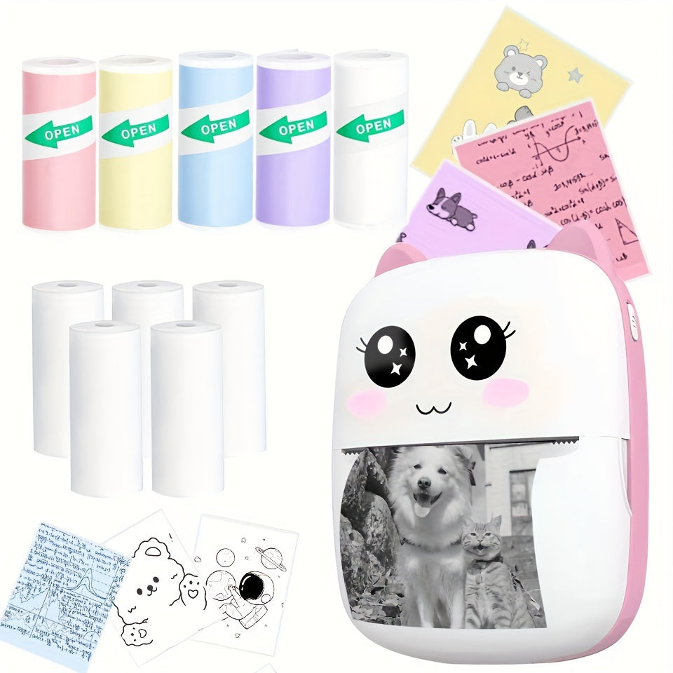 Portable Mini Thermal Printer with 10 Rolls Wireless USB Charging for Notes Receipts Labels