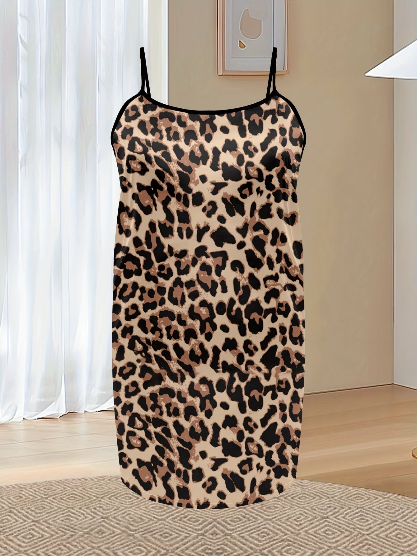 Plus Size Satin Leopard Print Nightdress Women's Casual Nightgown