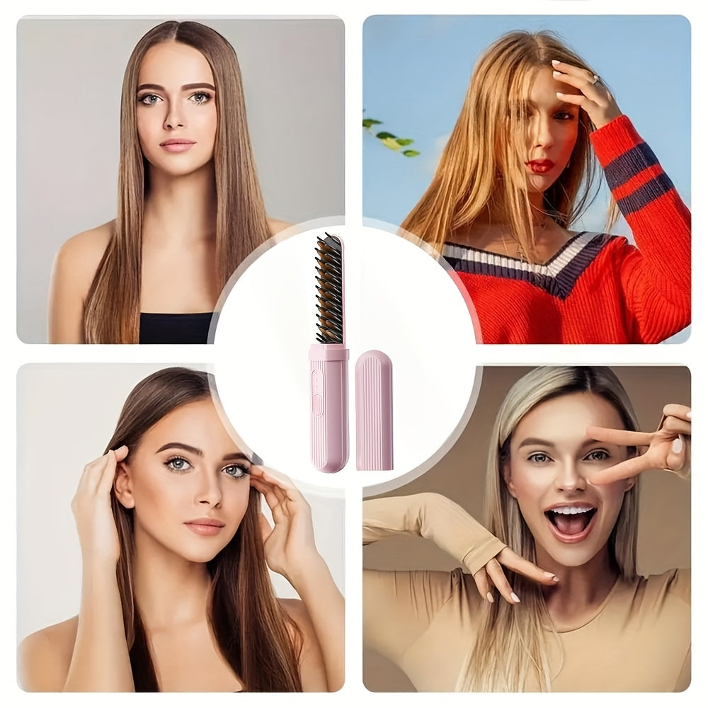 Беспроводная щетка для выпрямления волос с 3 уровнями температуры, перезаряжаемый литий-ионный аккумулятор USB-C, портативная для путешествий, двойного назначения для выпрямления и завивки