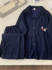 Women's Embroidered Puppy Plaid Pajama Set Plus Size Long Sleeve Casual Sleepwear