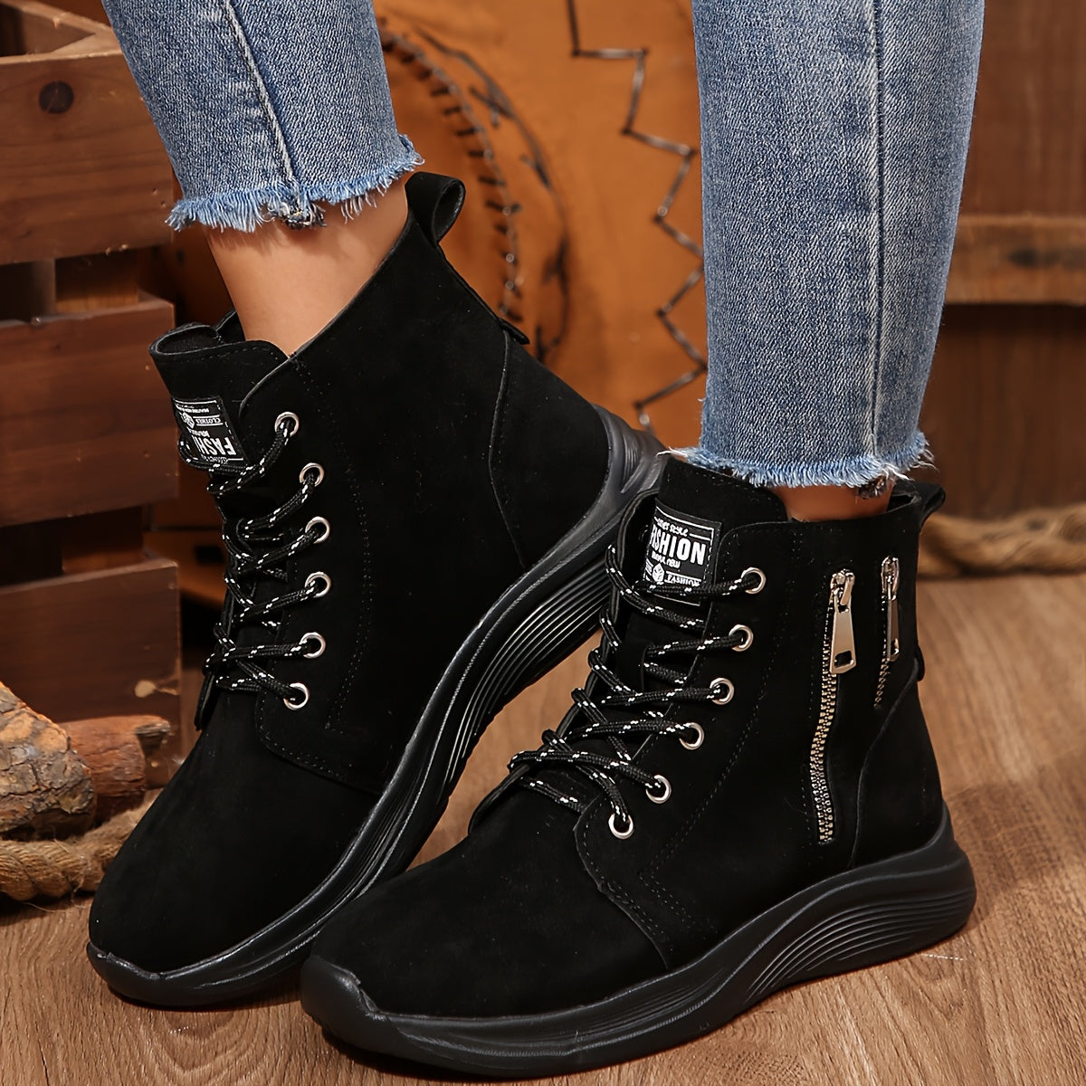 Women's Ankle Boots Solid Color Casual Lace-Up Round Toe Flat Heel