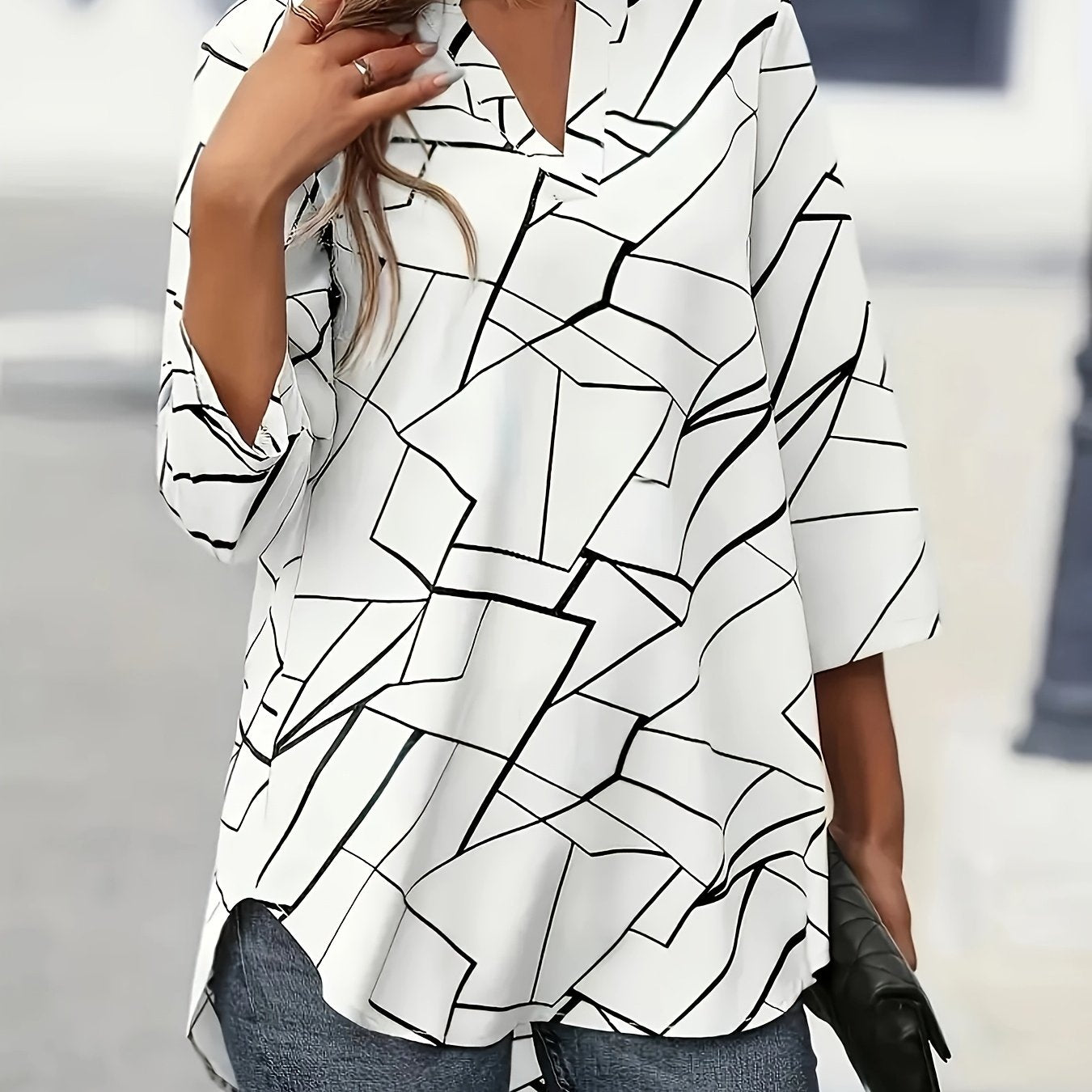 Women's Geometric Print V-Neck Blouse - Short Sleeve Button-Up Top
