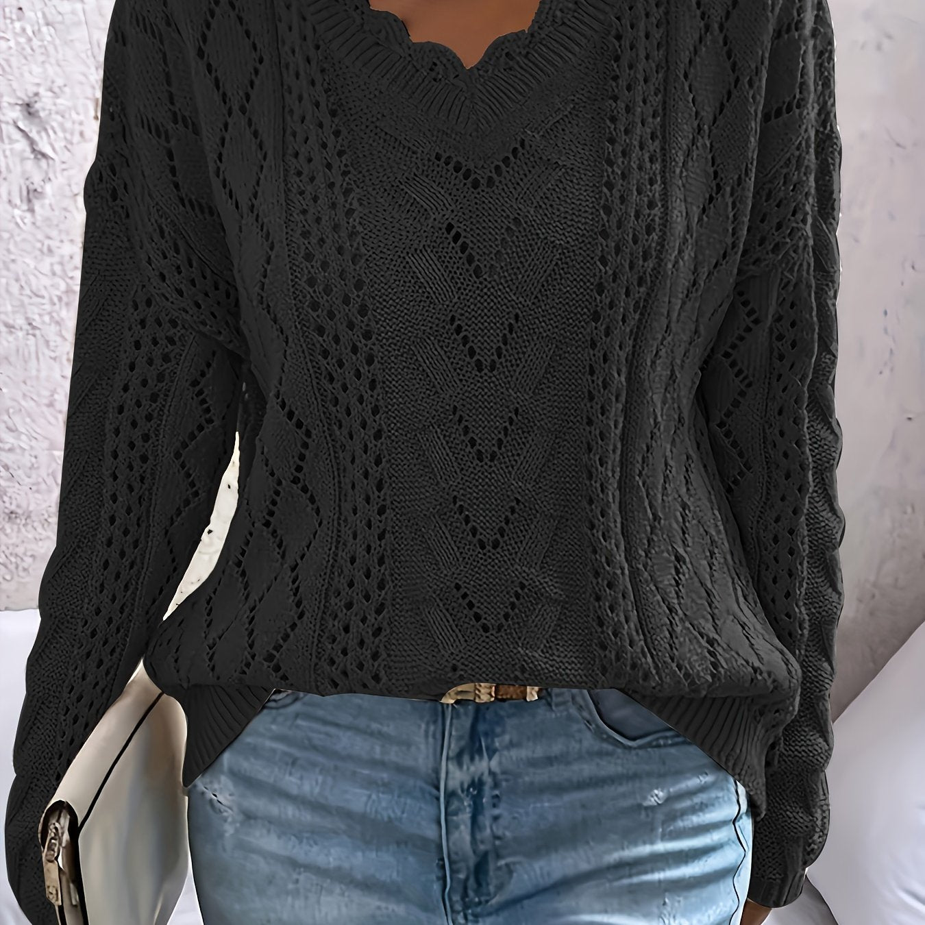 Women's Plus Size Sweater V-Neck Long Sleeve Floral Trim Jumper