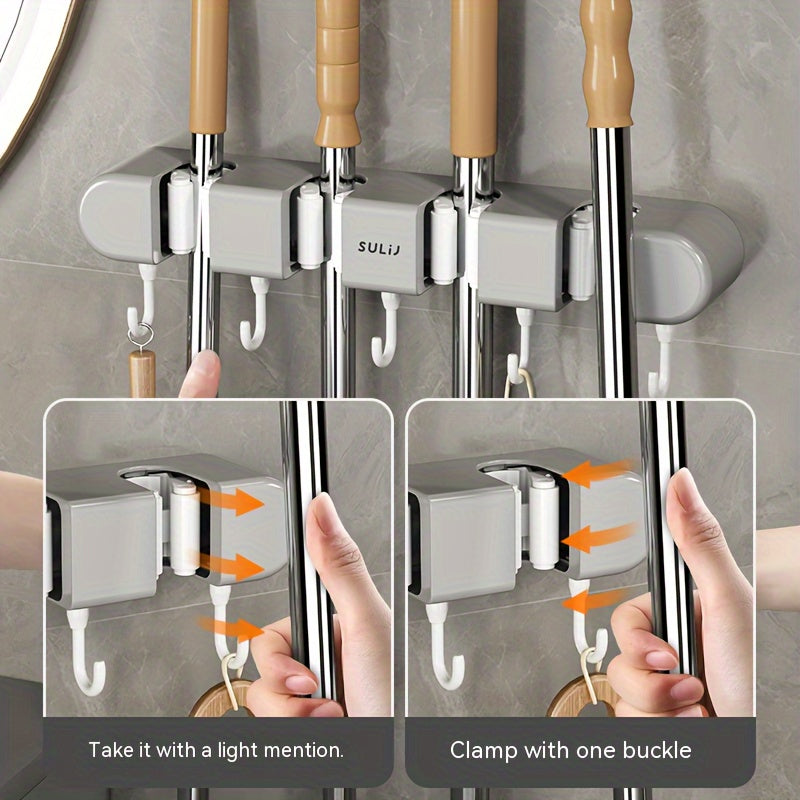 Gancho para fregona de montaje en pared, estante de almacenamiento de plástico sin taladro para baño y balcón