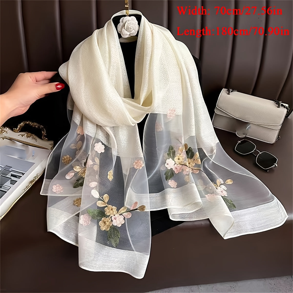 Women's Travel Scarf Flower Embroidered Sun Protection Lightweight Breathable