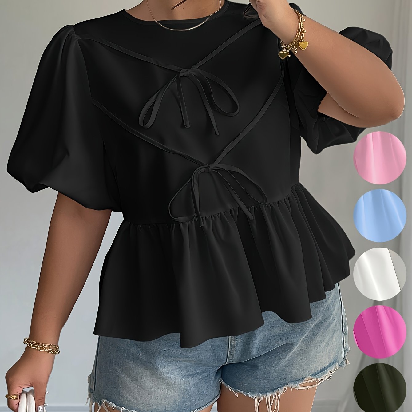 Plus o'lcham ayollar uchun kundalik bluzka, rufflesli etak, bog'lamli old qism, chiroyli shamlarga ega, bir xil rang