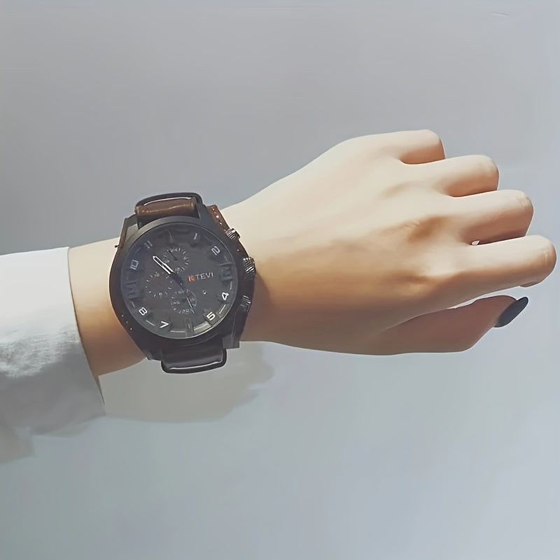 Men's Sports Watch with Large Dial, Calendar, Quartz Movement, PU Leather Strap