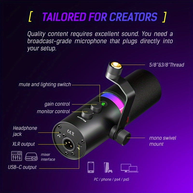 AMACEX SDM70 Dinamik Mikrofon XLR/USB, RGB, o'chirish funksiyasi va metall qurilishi bilan striming, o'yin, yozib olish va ovozli ishlov berish uchun.