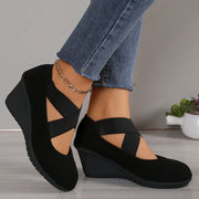 Women's Solid Color Trendy Pumps with Elastic Crisscross Bands and Wedge Sole