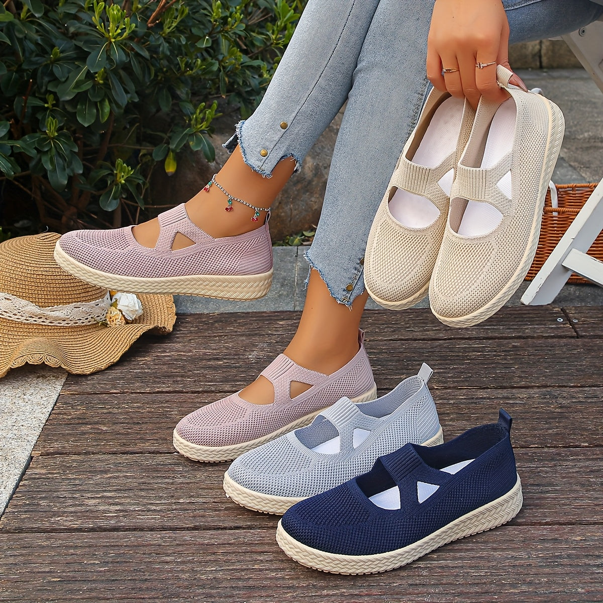 Women's Slip-On Flat Shoes Breathable Knit Comfortable All Seasons