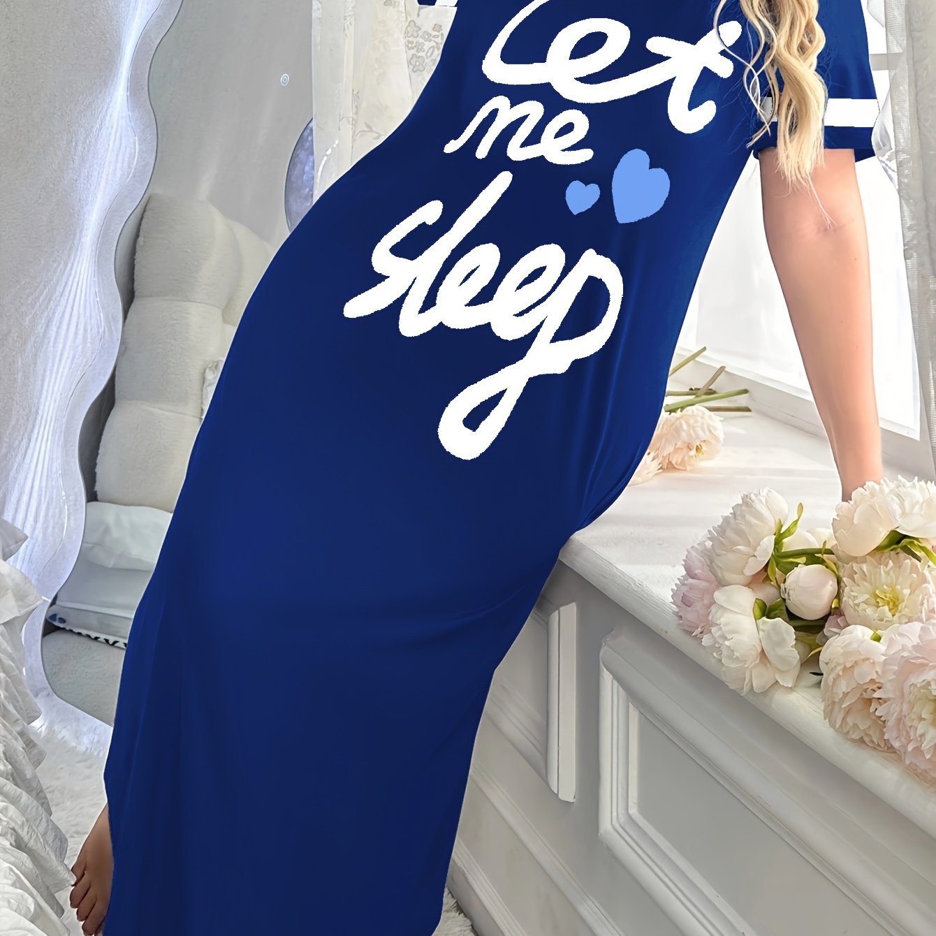 Women's Letter Print Polyester Night Dress Crew Neck Casual Sleepwear