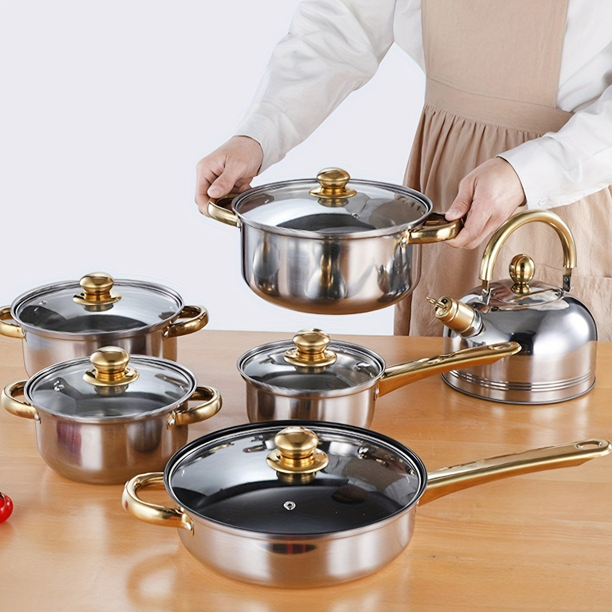 12-Piece Stainless Steel Cookware Set with Golden Handles for Kitchen and Restaurant