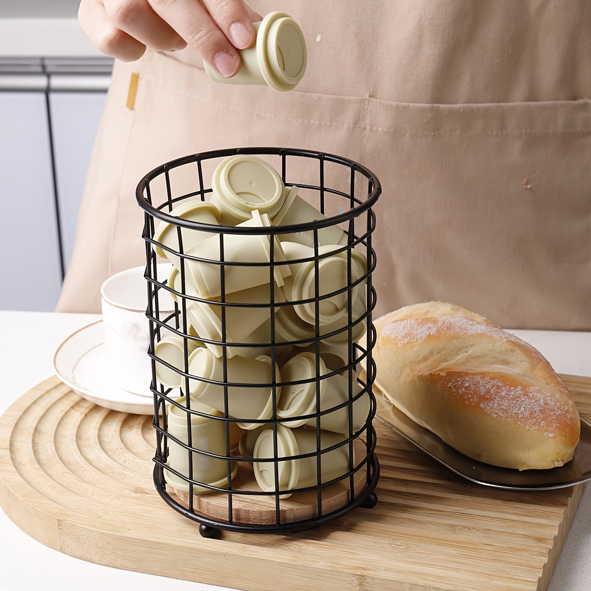 Kitchen Utensil Holder with Wooden Base for Countertop Storage and Drainage