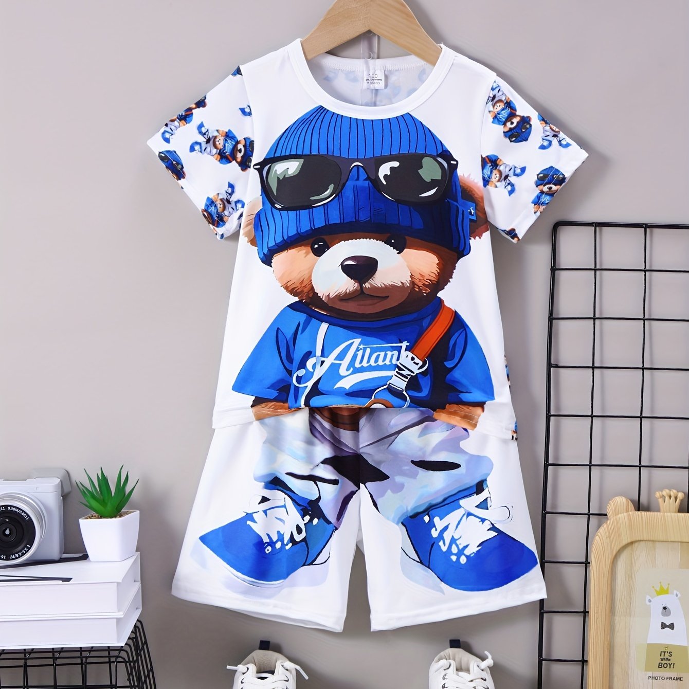 Boys Summer Casual Outfit with Bear Print Top and Shorts Polyester Spandex