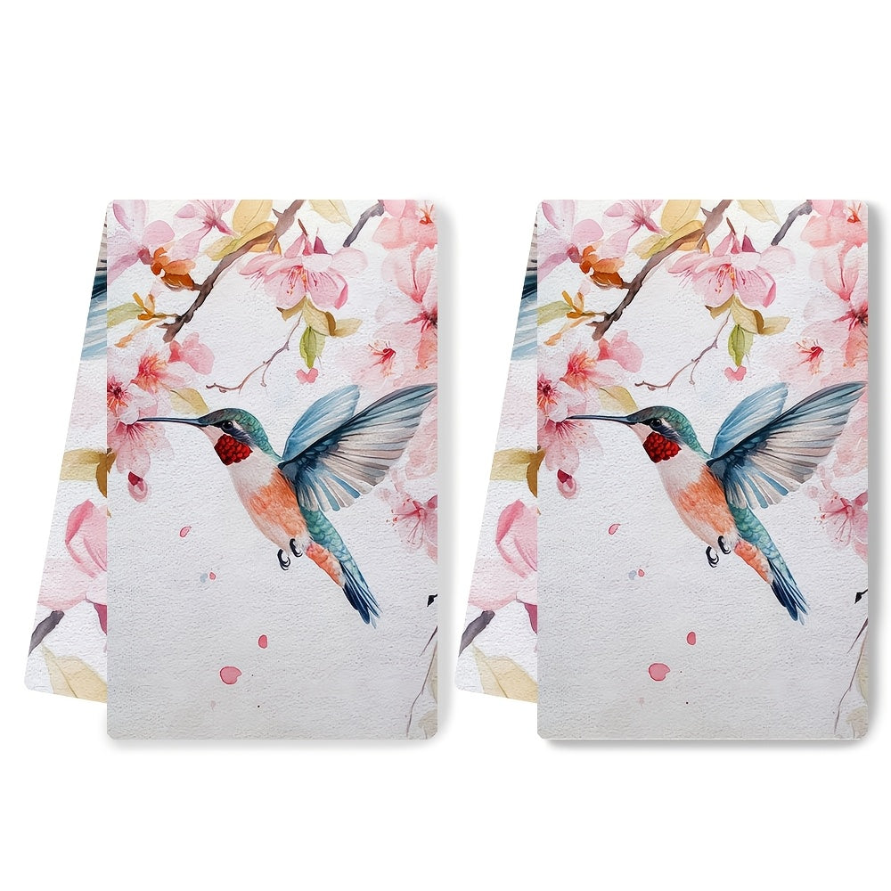 Set Of 2 Ultra Soft Kitchen Towels With Hummingbird Blossom Design 40x60cm