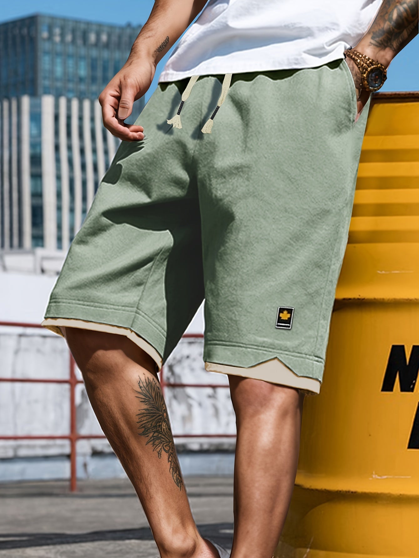 Men's Casual Elastic Waist Shorts with Pockets for Summer Solid Polyester