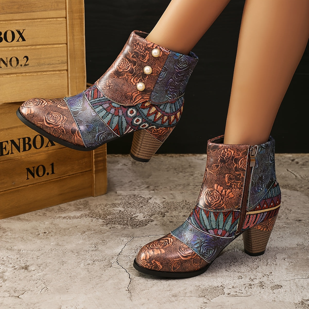 Women's Vintage Ethnic Style High Heel Ankle Boots Black Leather