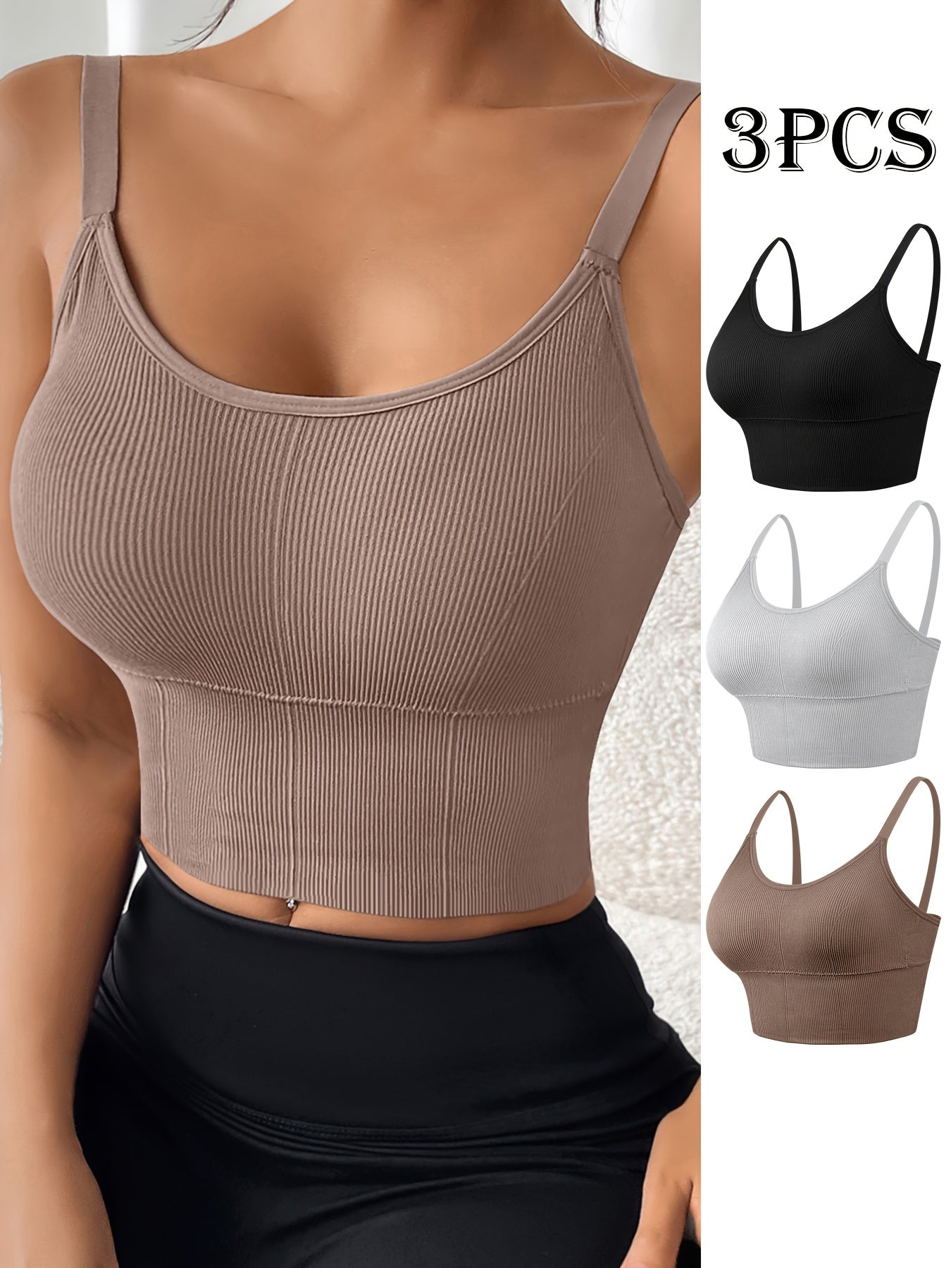 Plus Size Sports Bras 3-Pack Nylon Elastane High Stretch Solid Color Ribbed Workout Tanks