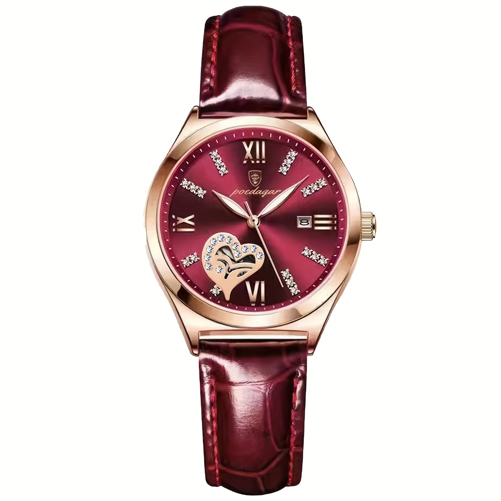 Women's Heart-Shaped Rhinestone Watch with Luminous Dial and Leather Band