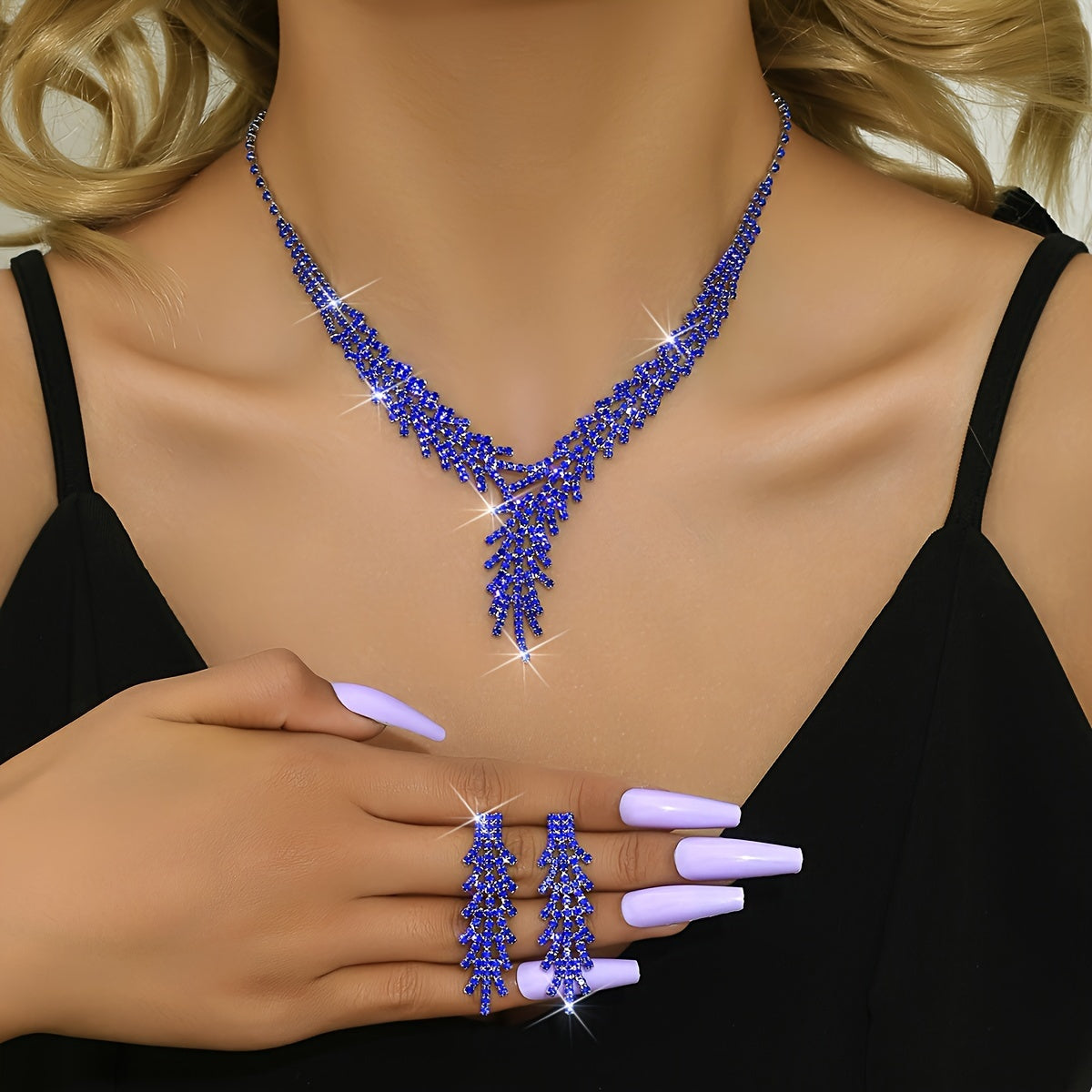 Silver Plated Jewelry Set with Rhinestone Earrings and Necklace for Women