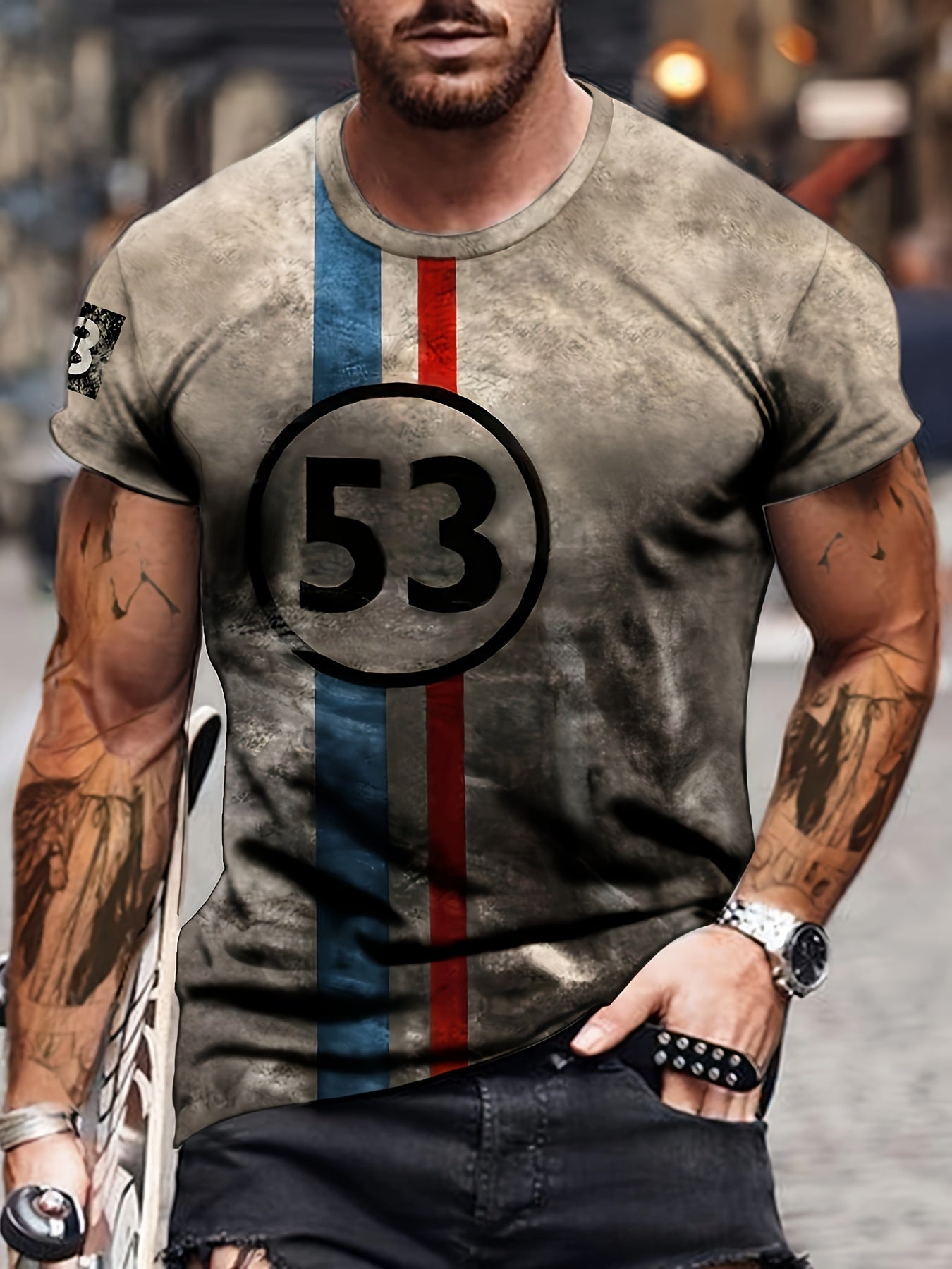 Футболка для мужчин большого размера в винтажном стиле, короткий рукав, круглый вырез, принт, полиэстер, спандекс