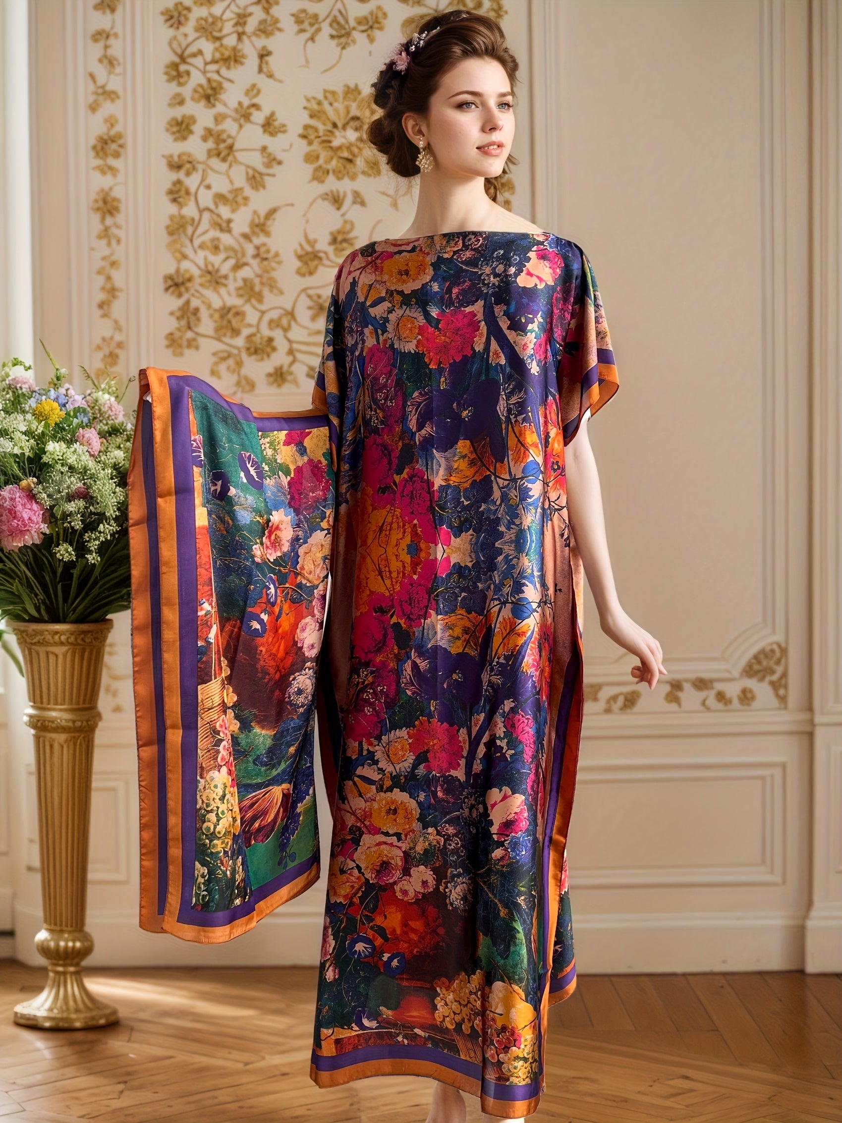 Ayollarlar uchun katta o'lchamli gullar bilan bosilgan batwing qo'lqopli maksi kiyim, polyester, kundalik, kechki va bayram kiyimi