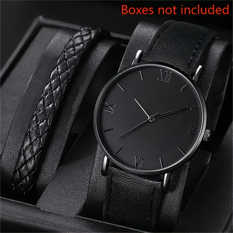 Black Round Quartz Watch with PU Leather Strap Alloy Dial and Pointer for Women and Men