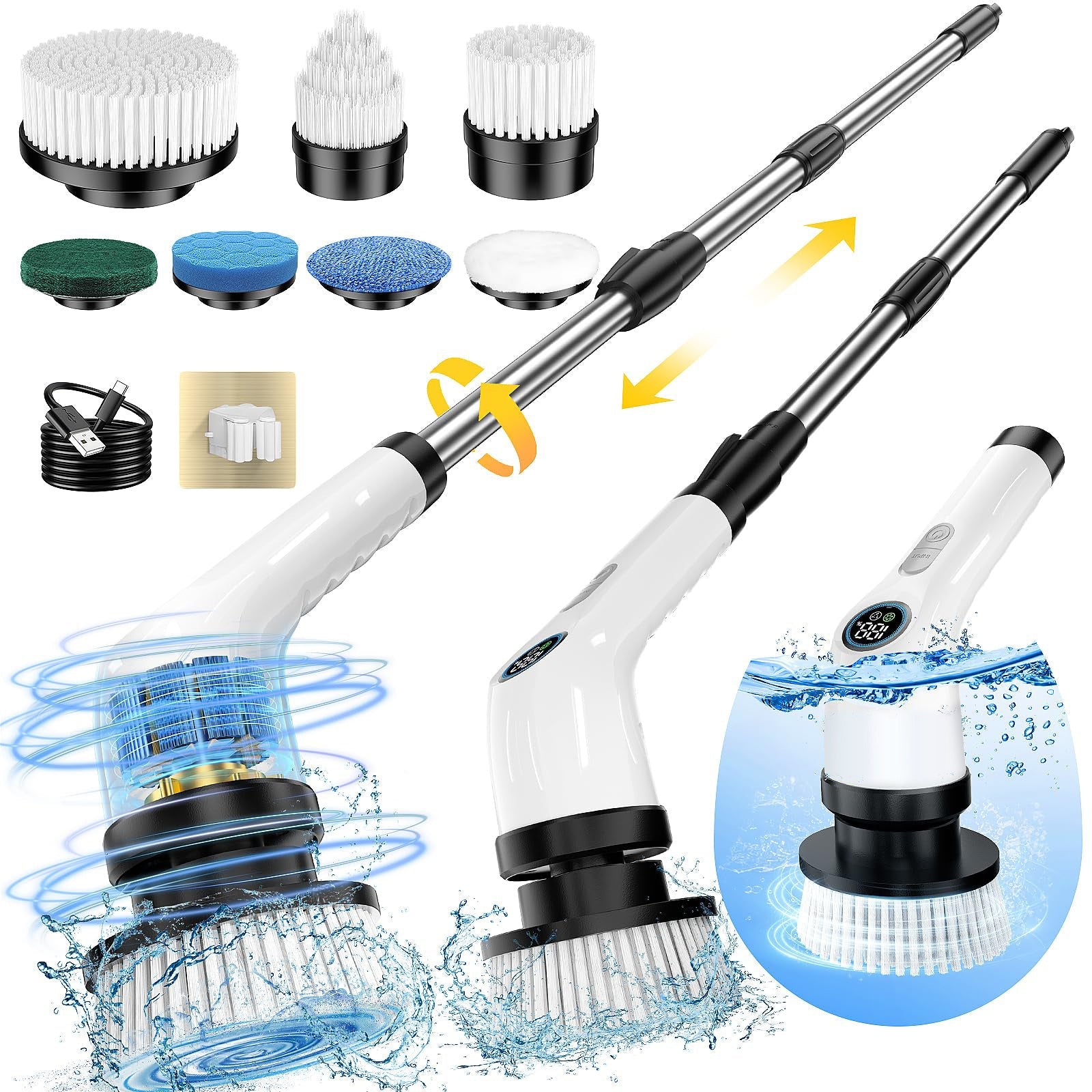 8 ta cho'tka boshli elektr aylantiruvchi cho'tka, ikki tezlik sozlamalari, sozlanadigan tutqich va ajratiladigan tutqich. Hammom, oshxona, yashash xonasi va pol tozalash uchun qulay foydalanish uchun USB orqali zaryadlanadigan litiy batareyasi mavjud.