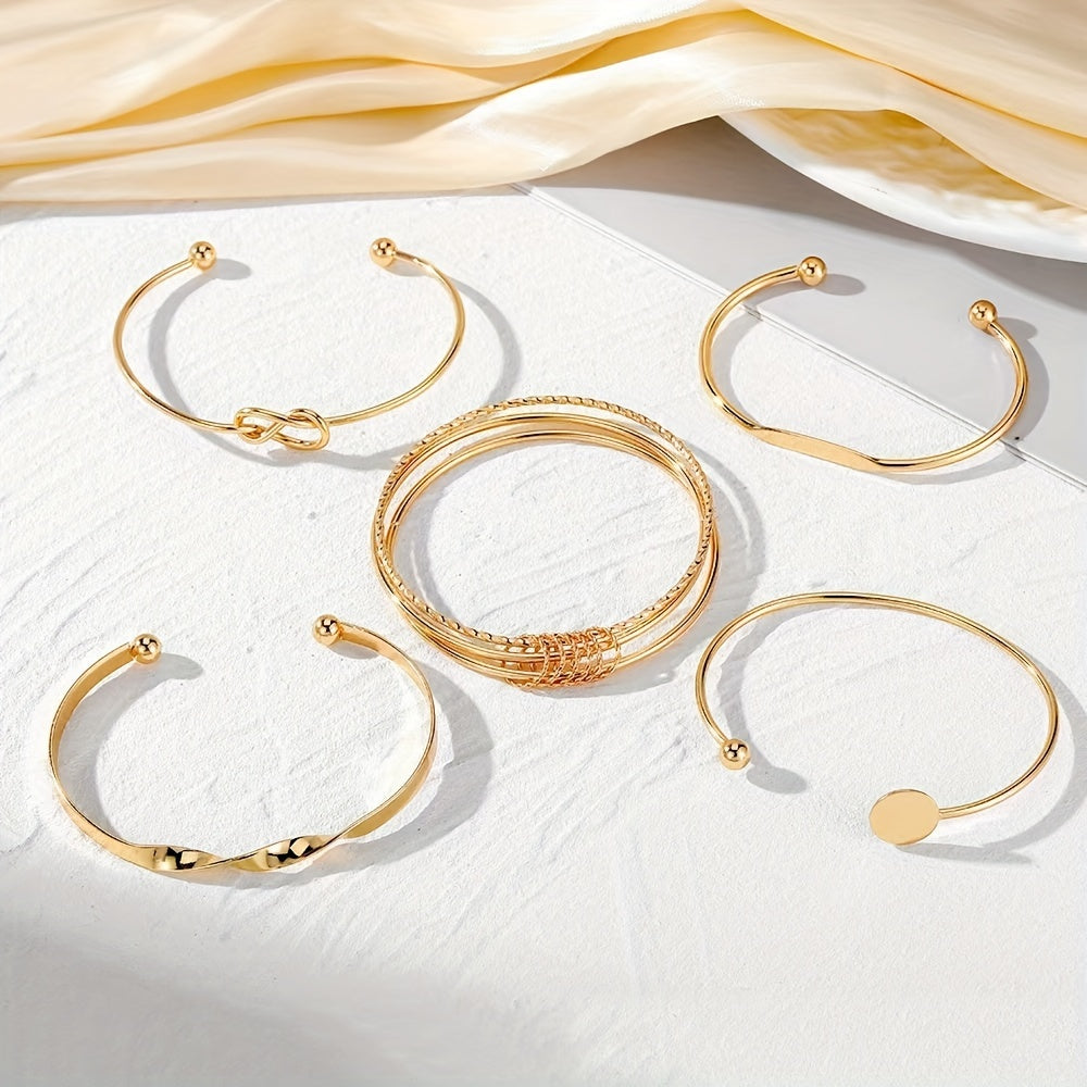 Set de 5 pulseras vintage abiertas para mujer, metálico dorado, con espiral geométrica y nudos