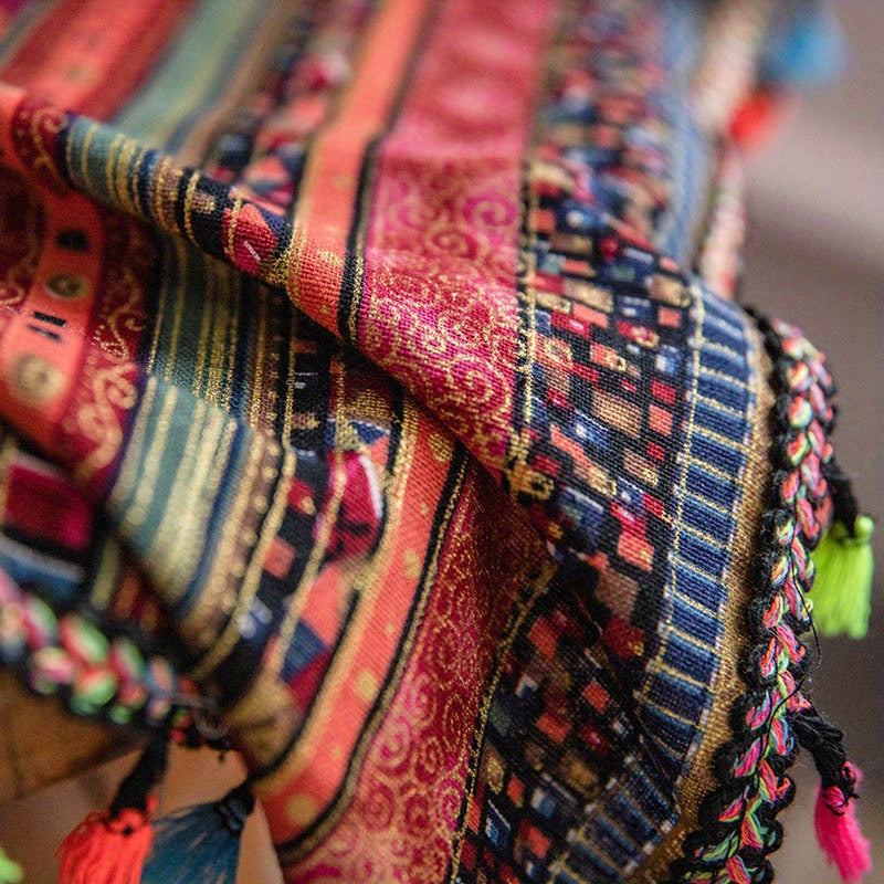 Cortina de estilo bohemio de granja con rayas rojas y borlas para dormitorio, sala de estar y decoración del hogar