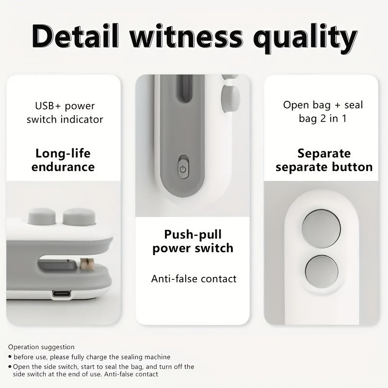 Mini sumka yopish uchun kesgich bilan USB qayta zaryadlanadigan portativ issiqlik yopish mashinasi chips uchun plastik sumkalar oq