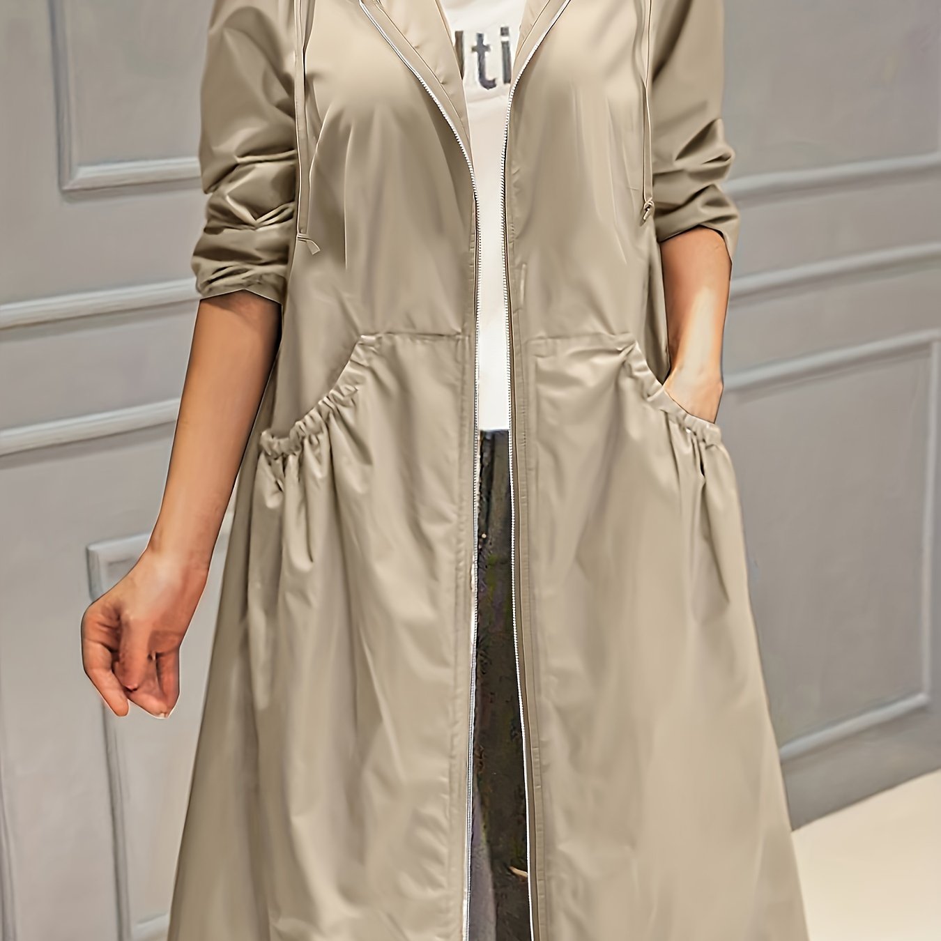 Plus Size Polyester Trench Coat with Zipper Hood and Pockets for Women