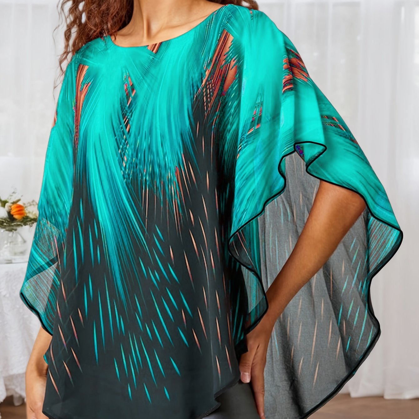 Plus Size Women's Mesh Panel Faux Two-Piece Top Black Turquoise Flame Print Short Sleeve Blouse