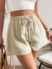 Women’s High-Waisted Casual Shorts Polyester Textured Solid Color Lace-Up Summer