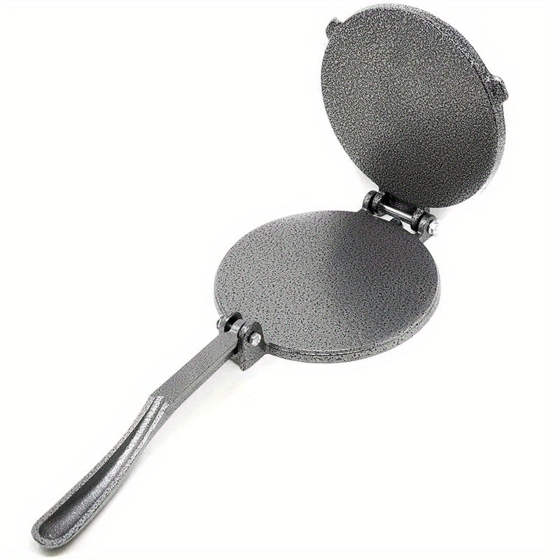 Happiness Pre-Seasoned Cast Iron Tortilla Press, zanglamaydigan po'latdan yasalgan ikki tomonlama pishirish yuzasi va oson saqlash uchun buklanuvchi tutqich bilan; Uy va ochiq havoda foydalanish uchun ideal