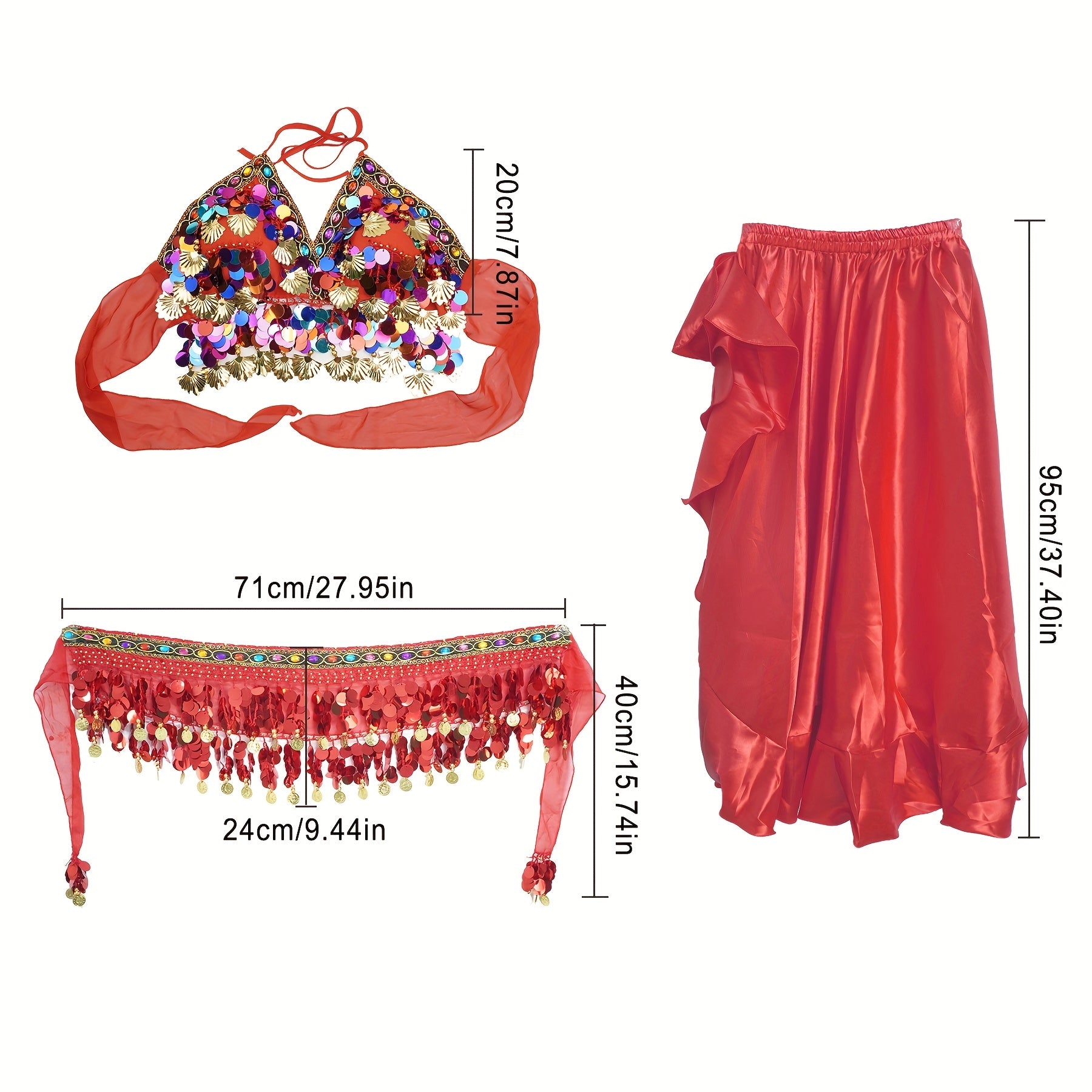 Adult Women's Belly Dance Costume Set Bra Belt Flowy Skirt Red Yellow Black Polyester