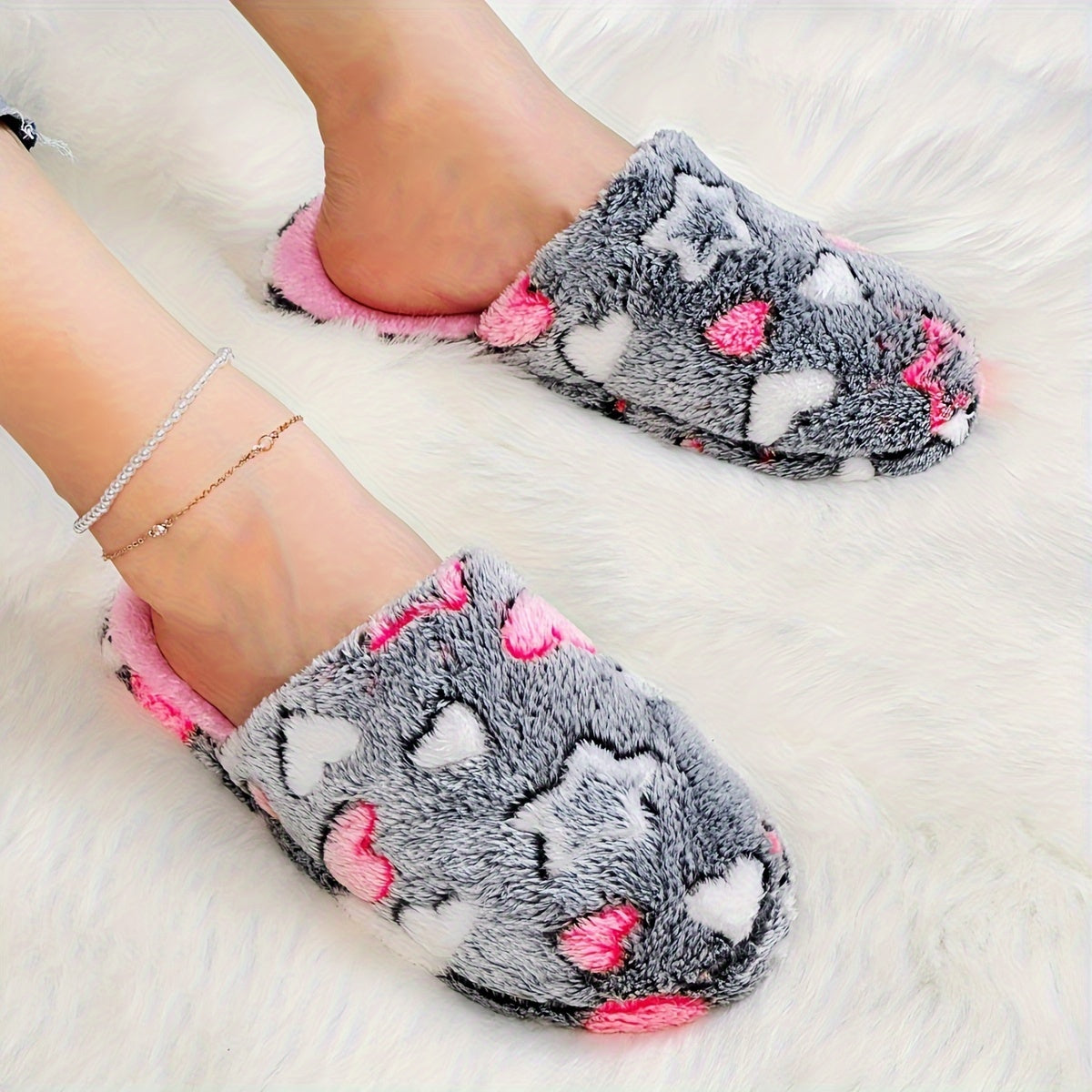 Women's Plush Slip-On Slippers Non-Slip Indoor House Shoes Pink Grey Heart