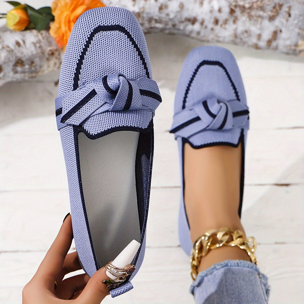 Women's Flat Shoes with Bow, Square Toe, Knitted Fabric, Slip-On, Lightweight
