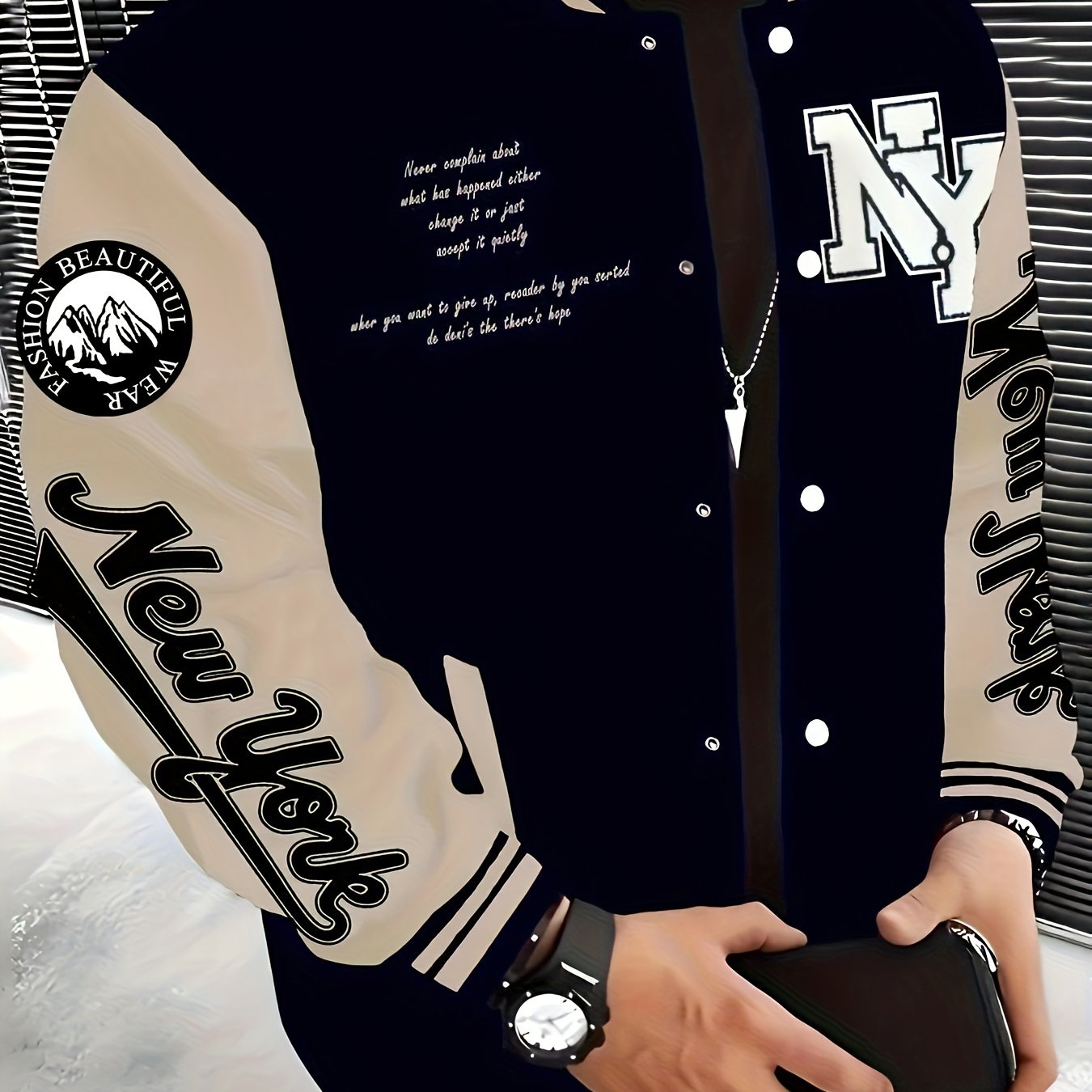 Men's Varsity Jacket in Black and Beige Polyester Snap Closure Baseball Collar Plus Size