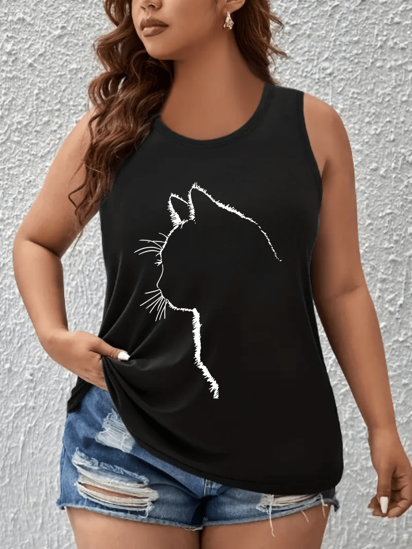 Plus Size Women's Off-Shoulder Vest Top Breathable Polyester Cat Print Green Sleeveless Shirt