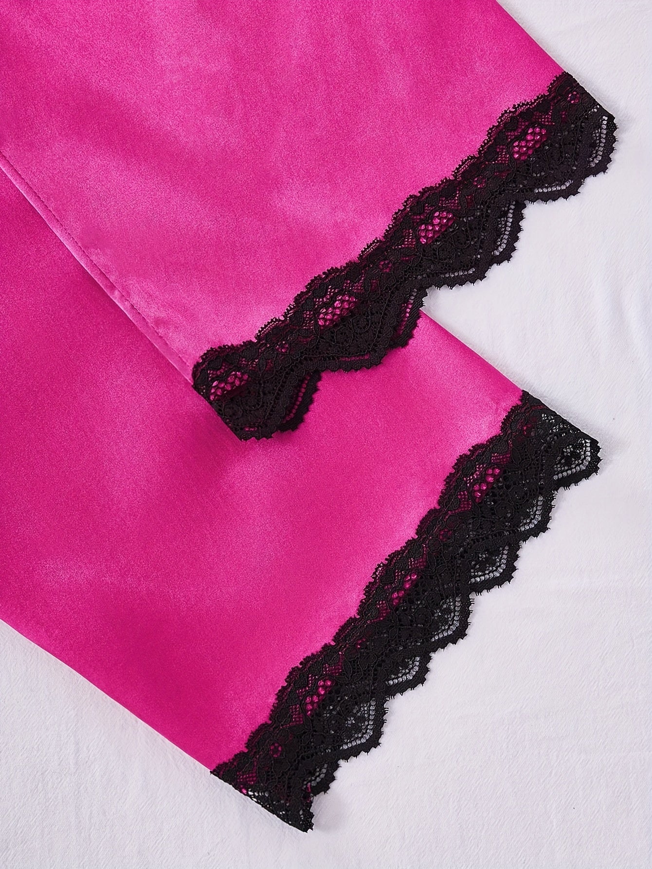 Women's Solid Polyester Pajama Set with Lace Trim Camisole Shorts Pants and Robe