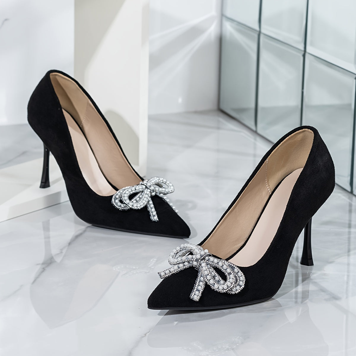Women's Black Velvet Stiletto Heels with Rhinestone Bow Pointed Toe Pumps
