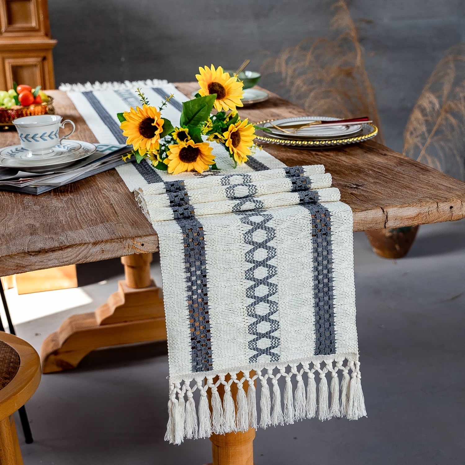 Boho Farmhouse Style Polyester Table Runner with Brown Macrame and Tassels for Holiday and Wedding Decor