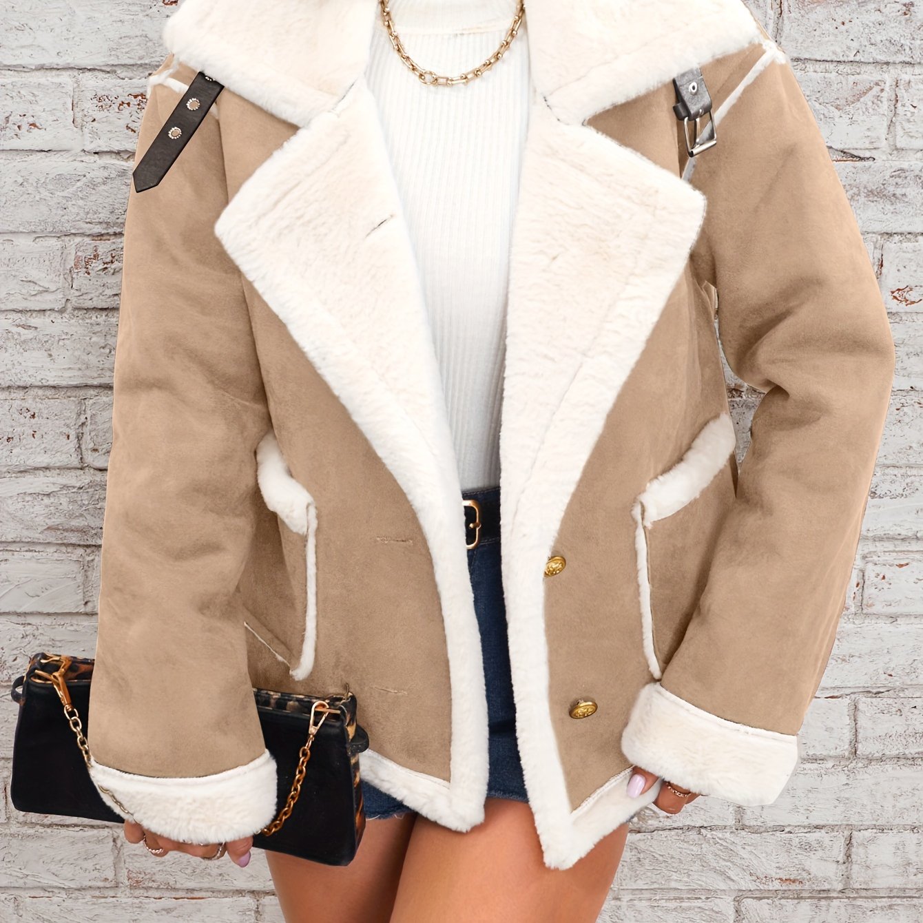 Women's Cozy Plush Lapel Jacket Fall Winter Solid Polyester Casual Biker Outwear