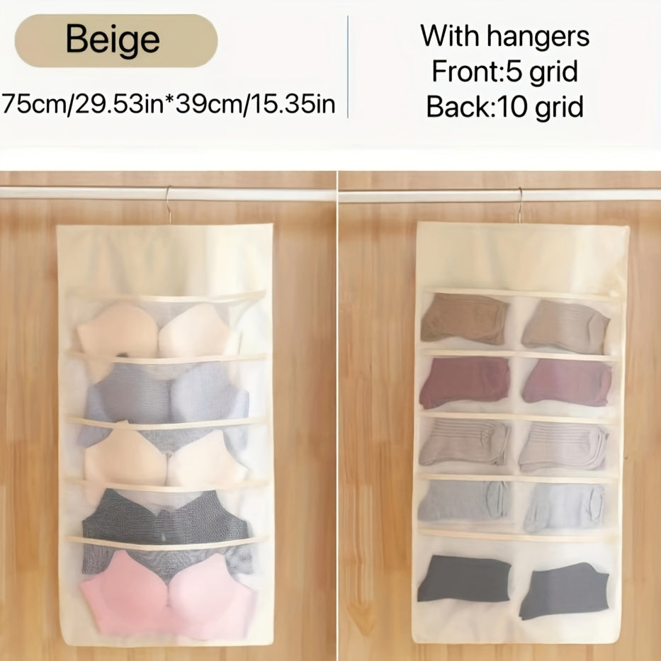 Double-Sided Hanging Underwear Organizer with Grids Foldable Storage for Socks Bras